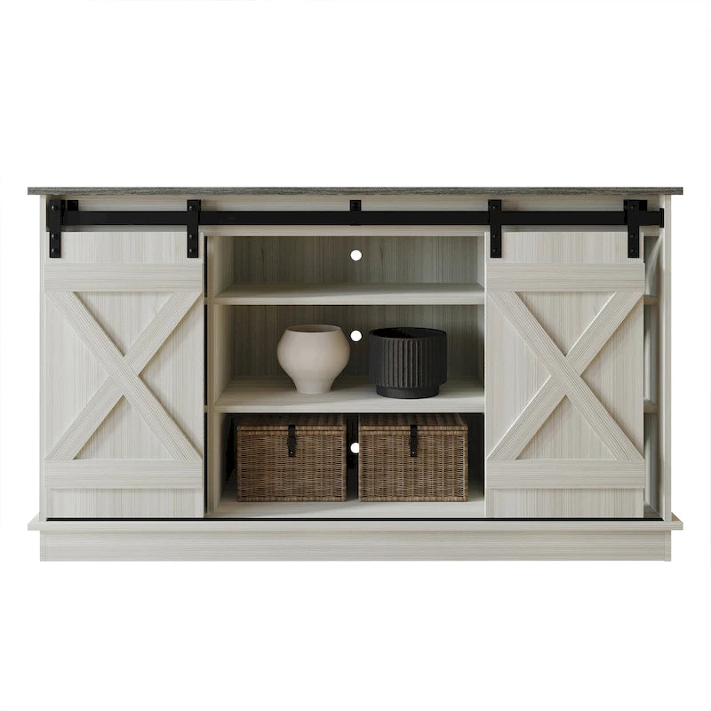 Meuble TV console vintage en X avec portes coulissantes façon grange et étagères ouvertes – Chêne naturel / Blanc / Gris clair / Marron / Chêne clair Sanremo / Gris foncé / Noyer