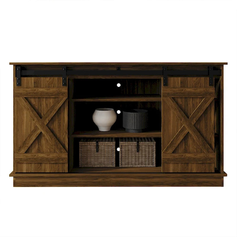 Meuble TV console vintage en X avec portes coulissantes façon grange et étagères ouvertes – Chêne naturel / Blanc / Gris clair / Marron / Chêne clair Sanremo / Gris foncé / Noyer