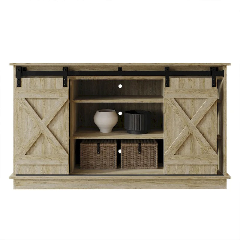 Meuble TV console vintage en X avec portes coulissantes façon grange et étagères ouvertes – Chêne naturel / Blanc / Gris clair / Marron / Chêne clair Sanremo / Gris foncé / Noyer