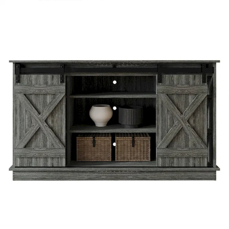 Meuble TV console vintage en X avec portes coulissantes façon grange et étagères ouvertes – Chêne naturel / Blanc / Gris clair / Marron / Chêne clair Sanremo / Gris foncé / Noyer