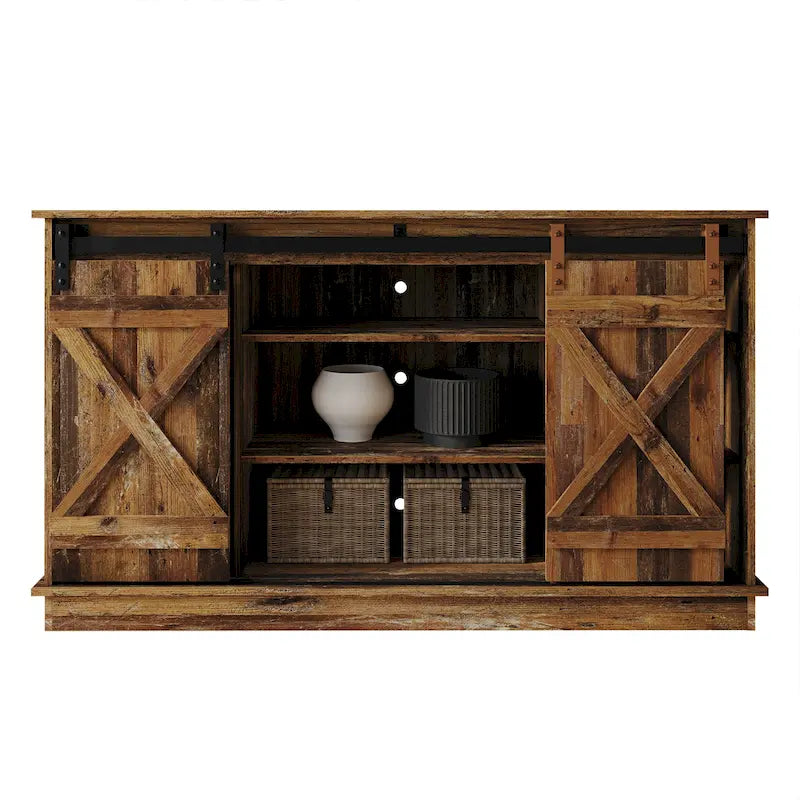 Meuble TV console vintage en X avec portes coulissantes façon grange et étagères ouvertes – Chêne naturel / Blanc / Gris clair / Marron / Chêne clair Sanremo / Gris foncé / Noyer
