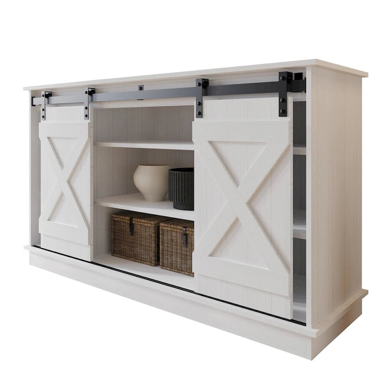 Meuble TV console vintage en X avec portes coulissantes façon grange et étagères ouvertes – Chêne naturel / Blanc / Gris clair / Marron / Chêne clair Sanremo / Gris foncé / Noyer