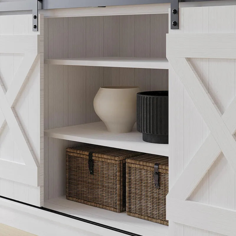 Meuble TV console vintage en X avec portes coulissantes façon grange et étagères ouvertes – Chêne naturel / Blanc / Gris clair / Marron / Chêne clair Sanremo / Gris foncé / Noyer