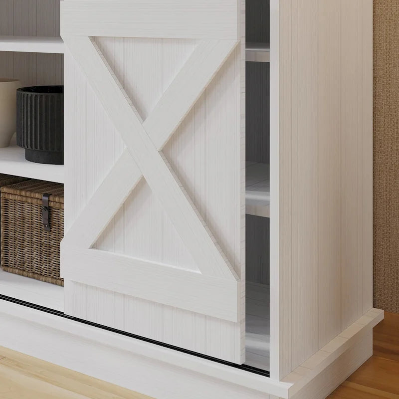 Meuble TV console vintage en X avec portes coulissantes façon grange et étagères ouvertes – Chêne naturel / Blanc / Gris clair / Marron / Chêne clair Sanremo / Gris foncé / Noyer