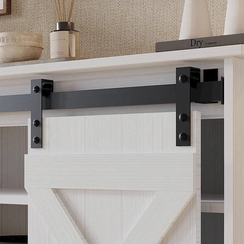 Meuble TV console vintage en X avec portes coulissantes façon grange et étagères ouvertes – Chêne naturel / Blanc / Gris clair / Marron / Chêne clair Sanremo / Gris foncé / Noyer