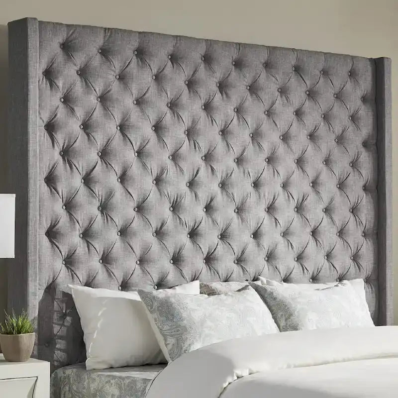 Tête de lit en lin avec oreilles et capitonnage – Beige / Gris / Gris foncé – Queen / King – Haute ou Extra Haute