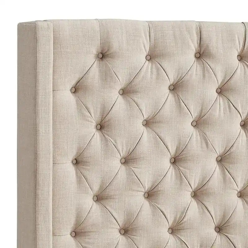 Tête de lit en lin avec oreilles et capitonnage – Beige / Gris / Gris foncé – Queen / King – Haute ou Extra Haute