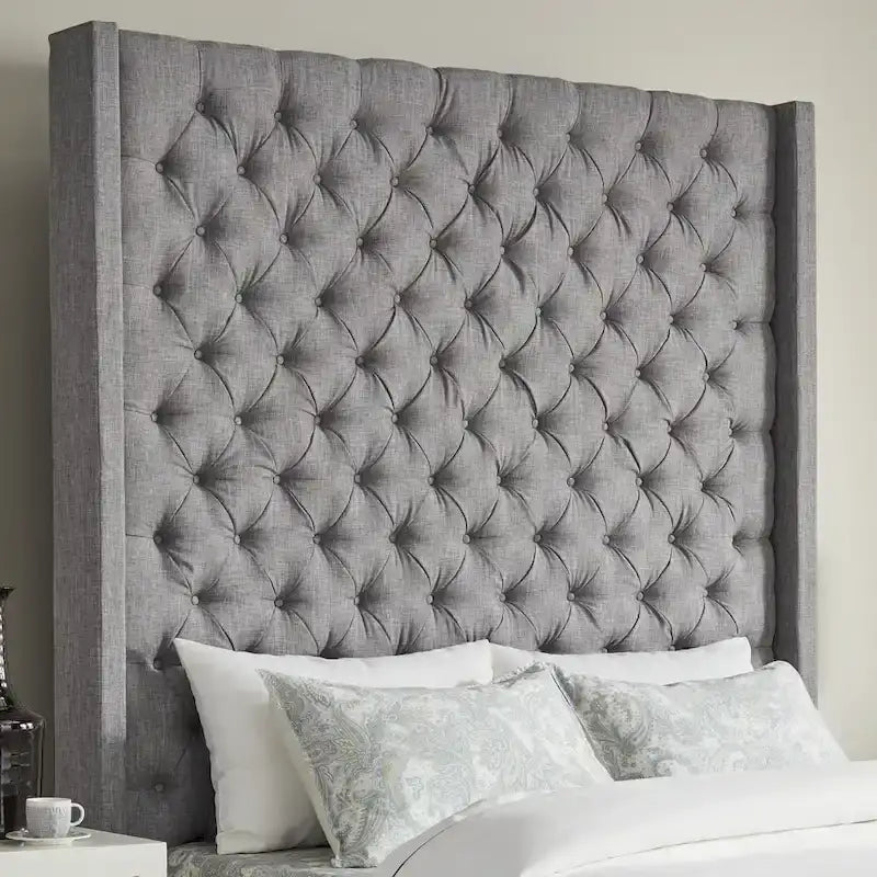Tête de lit en lin avec oreilles et capitonnage – Beige / Gris / Gris foncé – Queen / King – Haute ou Extra Haute
