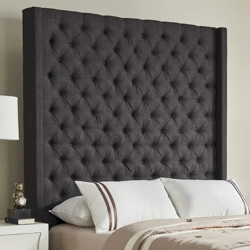 Tête de lit en lin avec oreilles et capitonnage – Beige / Gris / Gris foncé – Queen / King – Haute ou Extra Haute