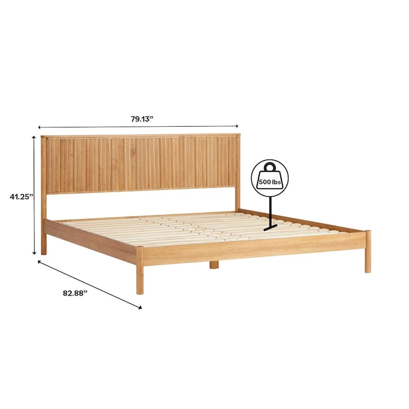 Lit King en pin massif avec tête de lit cannelée et lattes intégrées – Noir / Blond – 2 personnes