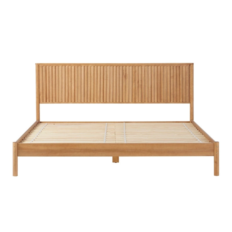 Lit King en pin massif avec tête de lit cannelée et lattes intégrées – Noir / Blond – 2 personnes