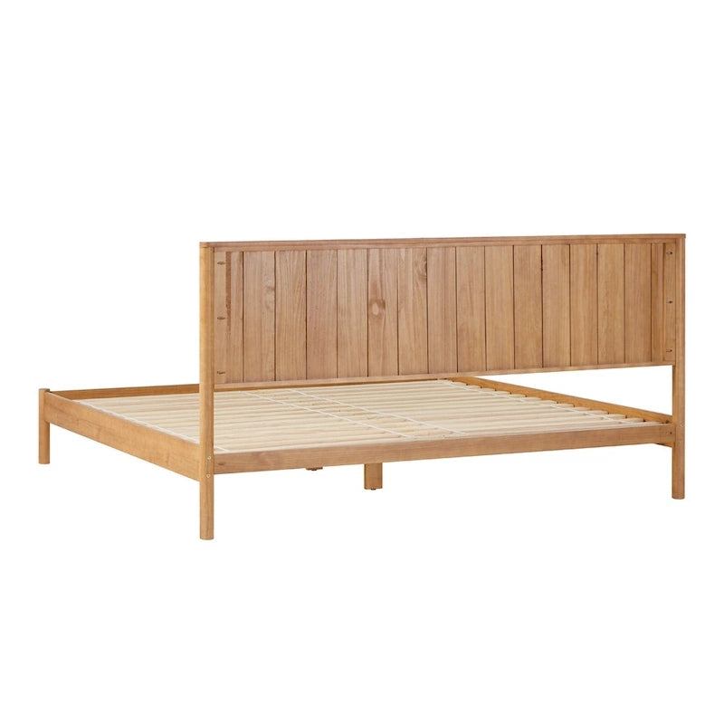 Lit King en pin massif avec tête de lit cannelée et lattes intégrées – Noir / Blond – 2 personnes