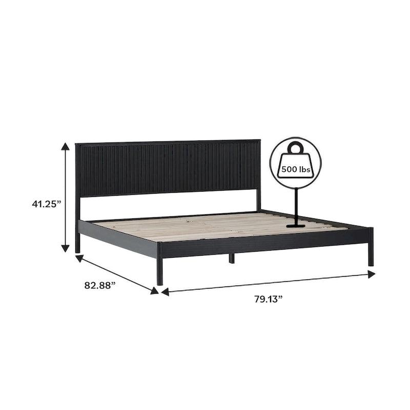 Lit King en pin massif avec tête de lit cannelée et lattes intégrées – Noir / Blond – 2 personnes