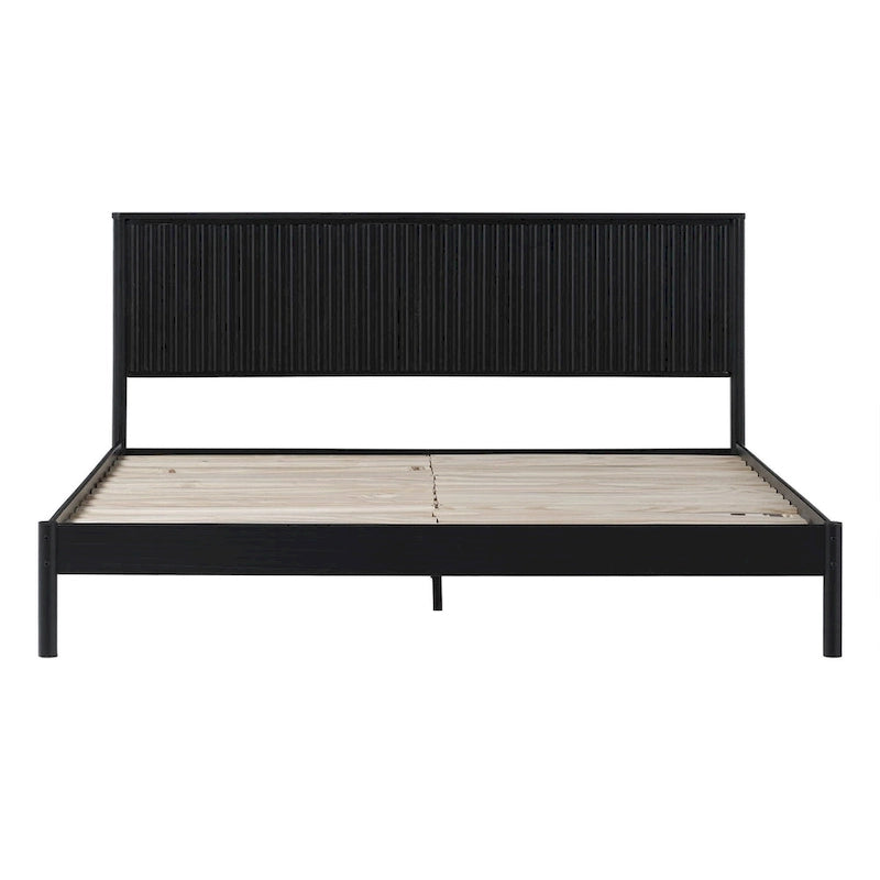Lit King en pin massif avec tête de lit cannelée et lattes intégrées – Noir / Blond – 2 personnes
