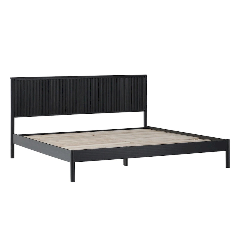 Lit King en pin massif avec tête de lit cannelée et lattes intégrées – Noir / Blond – 2 personnes