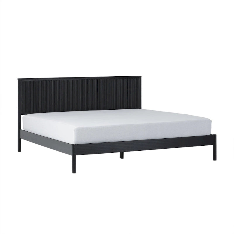 Lit King en pin massif avec tête de lit cannelée et lattes intégrées – Noir / Blond – 2 personnes