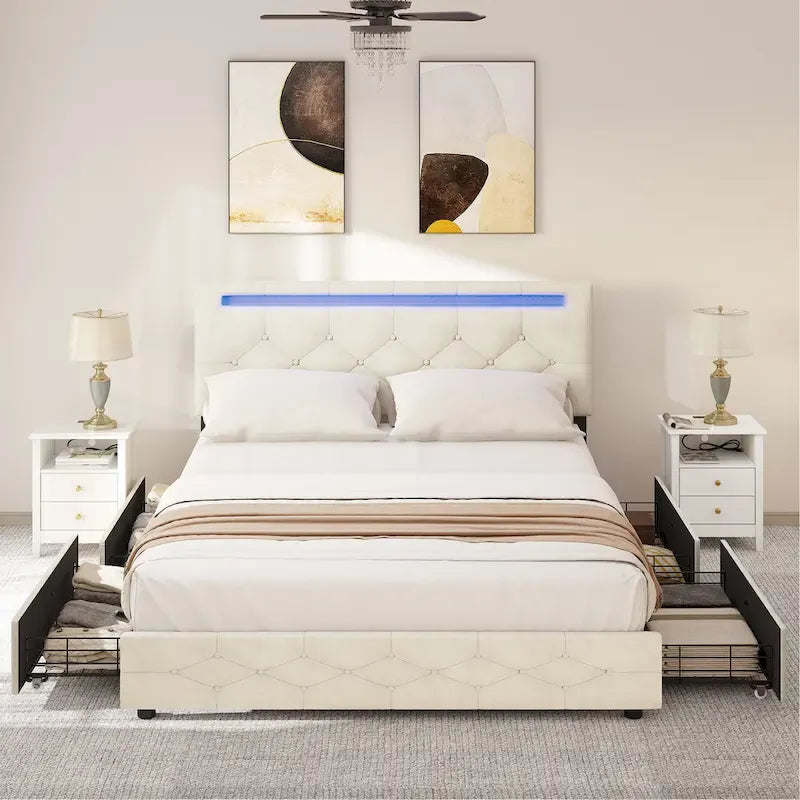 Lit plateforme capitonné en velours avec 4 tiroirs de rangement et bande LED – Beige – Queen – 1 personne