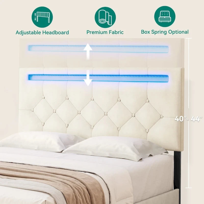 Lit plateforme capitonné en velours avec 4 tiroirs de rangement et bande LED – Beige – Queen – 1 personne