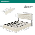Lit plateforme capitonné en velours avec 4 tiroirs de rangement et bande LED – Beige – Queen – 1 personne