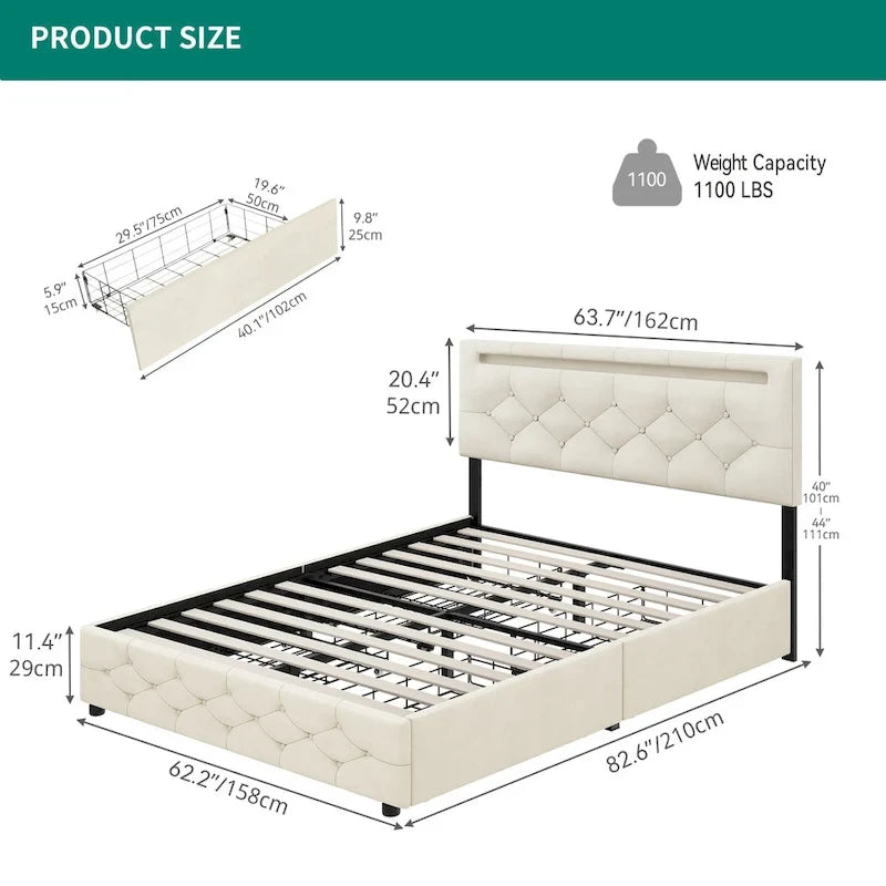 Lit plateforme capitonné en velours avec 4 tiroirs de rangement et bande LED – Beige – Queen – 1 personne