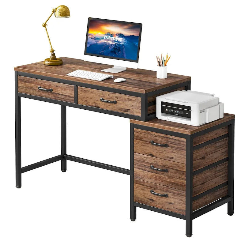 Computer Desk with 2 Drawers & Reversible 3-Drawer Filing Cabinet – Rustic Brown / Grey / White / Light Walnut / Gray & White / Black – 1-Person