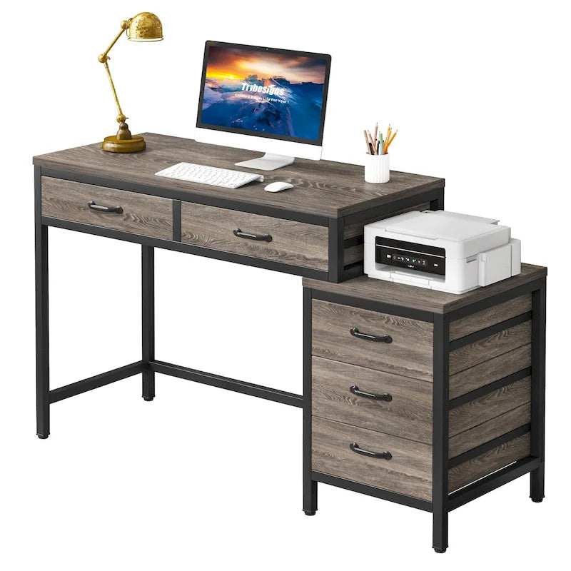 Computer Desk with 2 Drawers & Reversible 3-Drawer Filing Cabinet – Rustic Brown / Grey / White / Light Walnut / Gray & White / Black – 1-Person