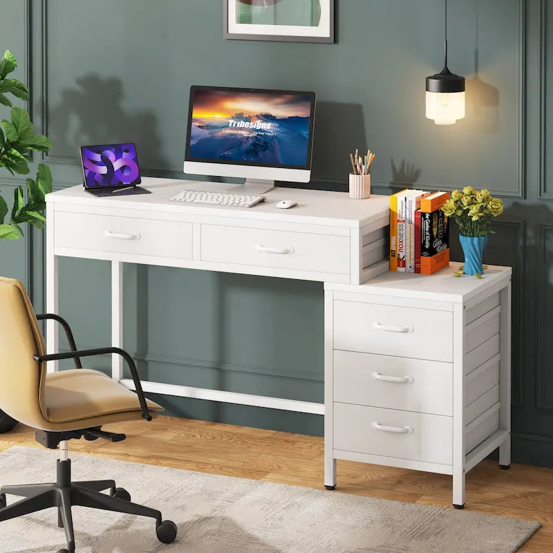 Computer Desk with 2 Drawers & Reversible 3-Drawer Filing Cabinet – Rustic Brown / Grey / White / Light Walnut / Gray & White / Black – 1-Person