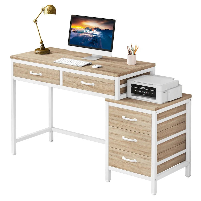 Computer Desk with 2 Drawers & Reversible 3-Drawer Filing Cabinet – Rustic Brown / Grey / White / Light Walnut / Gray & White / Black – 1-Person