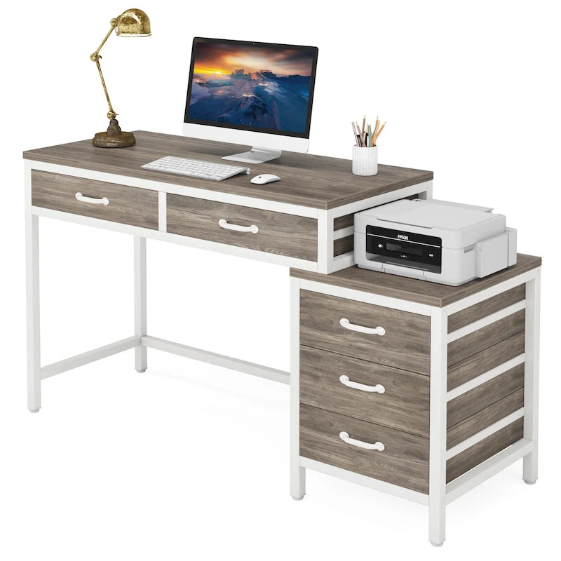 Computer Desk with 2 Drawers & Reversible 3-Drawer Filing Cabinet – Rustic Brown / Grey / White / Light Walnut / Gray & White / Black – 1-Person