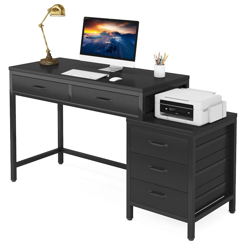 Computer Desk with 2 Drawers & Reversible 3-Drawer Filing Cabinet – Rustic Brown / Grey / White / Light Walnut / Gray & White / Black – 1-Person