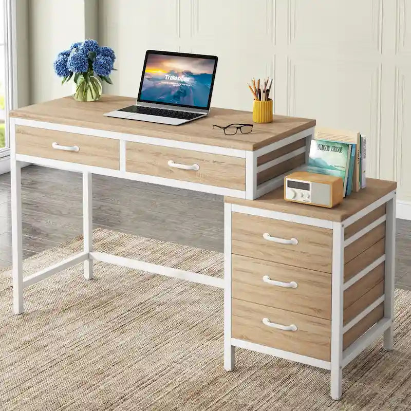 Computer Desk with 2 Drawers & Reversible 3-Drawer Filing Cabinet – Rustic Brown / Grey / White / Light Walnut / Gray & White / Black – 1-Person