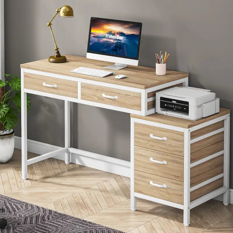 Computer Desk with 2 Drawers & Reversible 3-Drawer Filing Cabinet – Rustic Brown / Grey / White / Light Walnut / Gray & White / Black – 1-Person