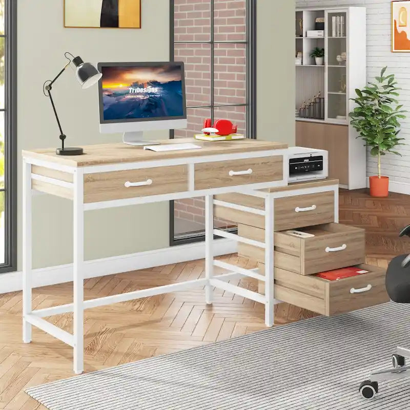 Computer Desk with 2 Drawers & Reversible 3-Drawer Filing Cabinet – Rustic Brown / Grey / White / Light Walnut / Gray & White / Black – 1-Person