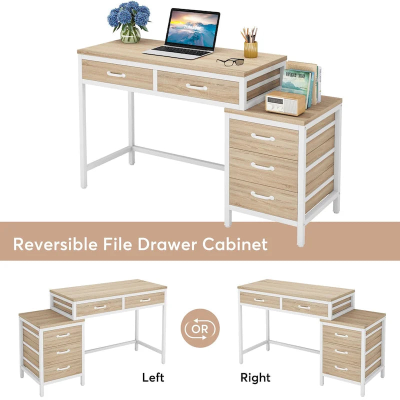 Bureau d'ordinateur avec 2 tiroirs et caisson de classement réversible à 3 tiroirs – Marron rustique / Gris / Blanc / Noyer clair / Gris et blanc / Noir – 1 personne
