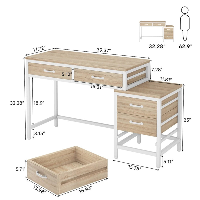 Bureau d'ordinateur avec 2 tiroirs et caisson de classement réversible à 3 tiroirs – Marron rustique / Gris / Blanc / Noyer clair / Gris et blanc / Noir – 1 personne