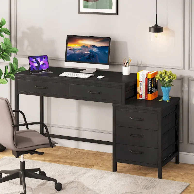 Bureau d'ordinateur avec 2 tiroirs et caisson de classement réversible à 3 tiroirs – Marron rustique / Gris / Blanc / Noyer clair / Gris et blanc / Noir – 1 personne