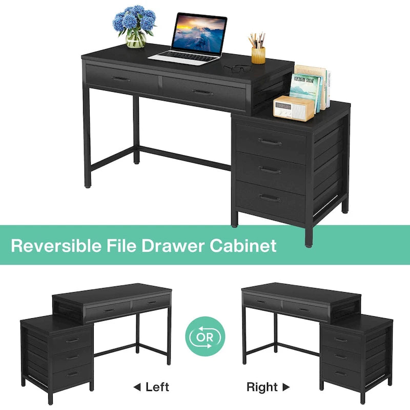 Bureau d'ordinateur avec 2 tiroirs et caisson de classement réversible à 3 tiroirs – Marron rustique / Gris / Blanc / Noyer clair / Gris et blanc / Noir – 1 personne
