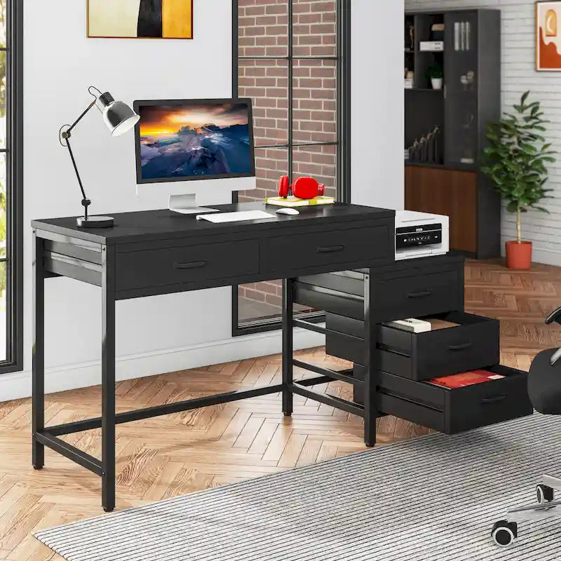 Bureau d'ordinateur avec 2 tiroirs et caisson de classement réversible à 3 tiroirs – Marron rustique / Gris / Blanc / Noyer clair / Gris et blanc / Noir – 1 personne