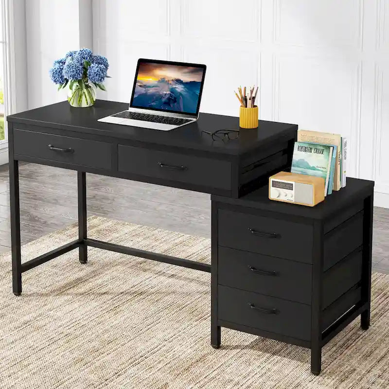 Bureau d'ordinateur avec 2 tiroirs et caisson de classement réversible à 3 tiroirs – Marron rustique / Gris / Blanc / Noyer clair / Gris et blanc / Noir – 1 personne