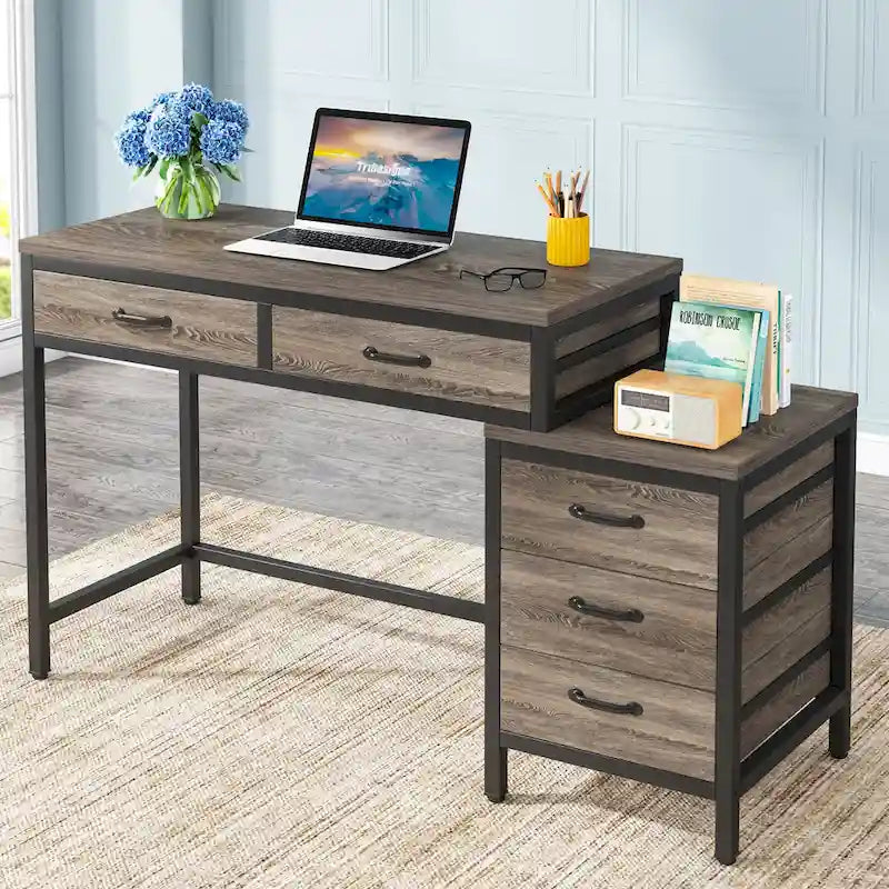 Bureau d'ordinateur avec 2 tiroirs et caisson de classement réversible à 3 tiroirs – Marron rustique / Gris / Blanc / Noyer clair / Gris et blanc / Noir – 1 personne