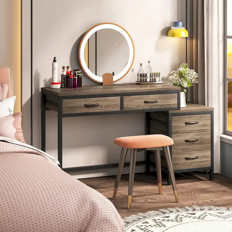 Bureau d'ordinateur avec 2 tiroirs et caisson de classement réversible à 3 tiroirs – Marron rustique / Gris / Blanc / Noyer clair / Gris et blanc / Noir – 1 personne