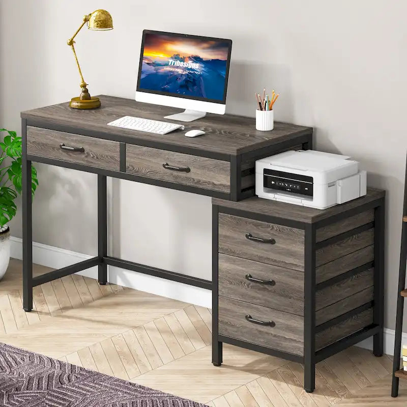 Bureau d'ordinateur avec 2 tiroirs et caisson de classement réversible à 3 tiroirs – Marron rustique / Gris / Blanc / Noyer clair / Gris et blanc / Noir – 1 personne