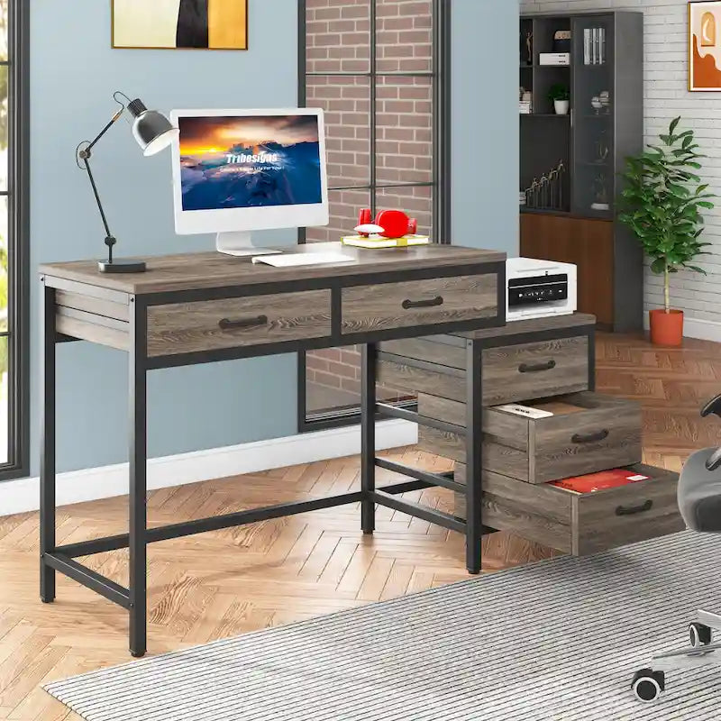 Bureau d'ordinateur avec 2 tiroirs et caisson de classement réversible à 3 tiroirs – Marron rustique / Gris / Blanc / Noyer clair / Gris et blanc / Noir – 1 personne