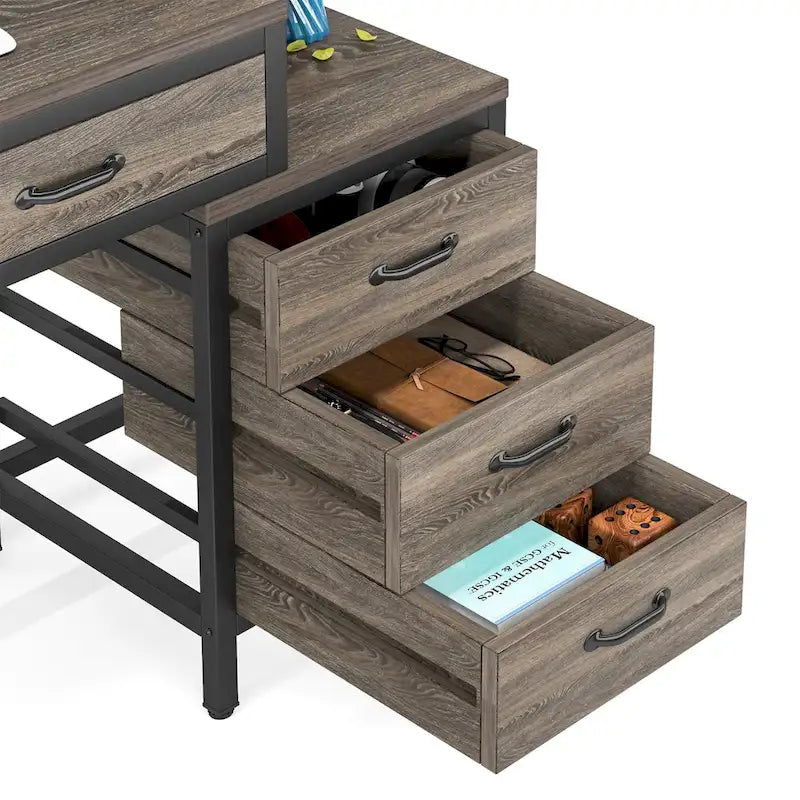 Bureau d'ordinateur avec 2 tiroirs et caisson de classement réversible à 3 tiroirs – Marron rustique / Gris / Blanc / Noyer clair / Gris et blanc / Noir – 1 personne