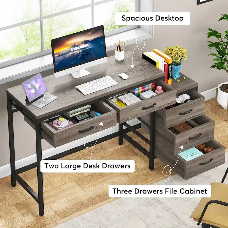 Bureau d'ordinateur avec 2 tiroirs et caisson de classement réversible à 3 tiroirs – Marron rustique / Gris / Blanc / Noyer clair / Gris et blanc / Noir – 1 personne
