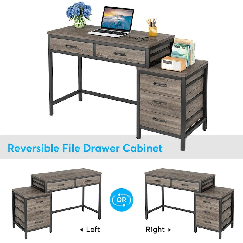 Bureau d'ordinateur avec 2 tiroirs et caisson de classement réversible à 3 tiroirs – Marron rustique / Gris / Blanc / Noyer clair / Gris et blanc / Noir – 1 personne