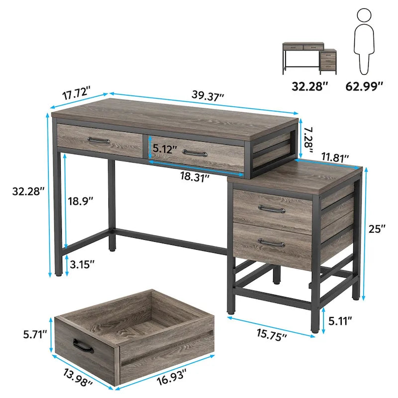 Bureau d'ordinateur avec 2 tiroirs et caisson de classement réversible à 3 tiroirs – Marron rustique / Gris / Blanc / Noyer clair / Gris et blanc / Noir – 1 personne