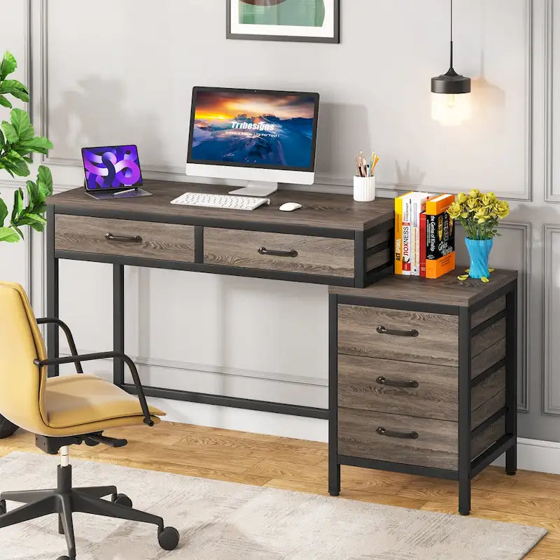 Bureau d'ordinateur avec 2 tiroirs et caisson de classement réversible à 3 tiroirs – Marron rustique / Gris / Blanc / Noyer clair / Gris et blanc / Noir – 1 personne