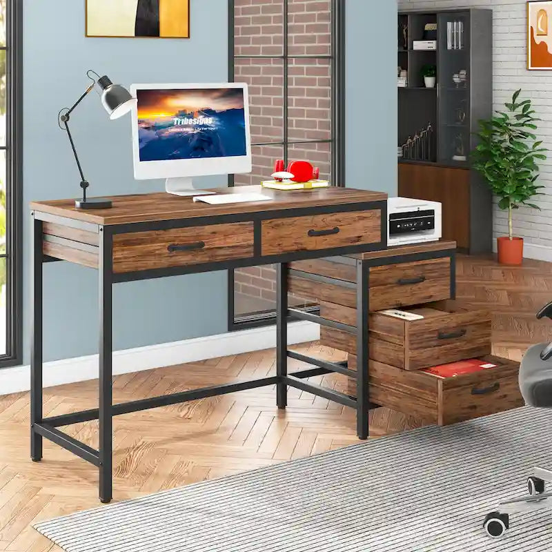 Bureau d'ordinateur avec 2 tiroirs et caisson de classement réversible à 3 tiroirs – Marron rustique / Gris / Blanc / Noyer clair / Gris et blanc / Noir – 1 personne