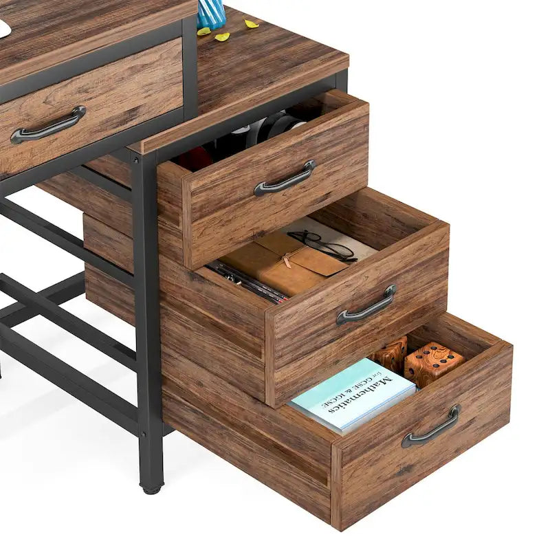 Bureau d'ordinateur avec 2 tiroirs et caisson de classement réversible à 3 tiroirs – Marron rustique / Gris / Blanc / Noyer clair / Gris et blanc / Noir – 1 personne